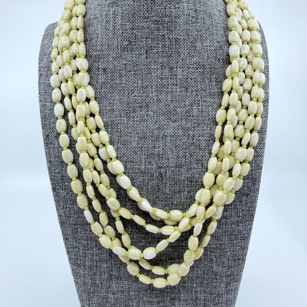 Cream Lime Green Multistrand Beaded Necklace Long Layered Chunky Boho Statement
